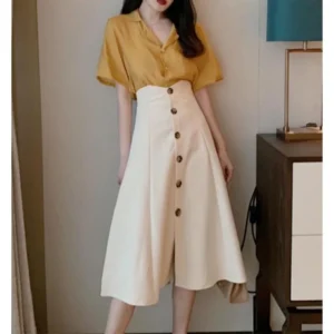 Jupe Trapèze Boutonnée Taille Haute Ivoire Évasée Élégante Femme
