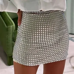Jupe Courte Argentée Soirée Effet Miroir Taille Haute Femme