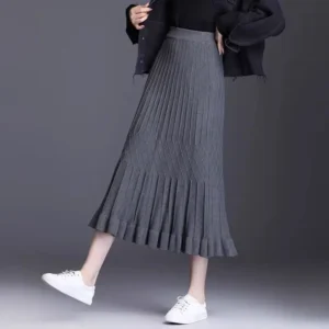 Jupe Midi Côtelée Femme Taille Haute Évasée En Maille Gris