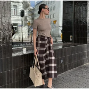 Jupe Midi À Carreaux Marron Taille Haute Élégante