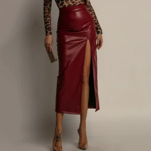 Jupe Longue Fendue En Simili Cuir Marron Taille Haute Élégante