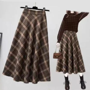 Jupe Patineuse Écossaise Marron Taille Haute Évasée Style Automne Hiver Femme