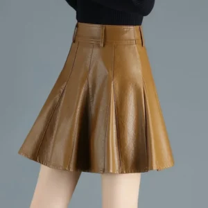 Jupe Patineuse Courte Marron En Simili Cuir Taille Haute